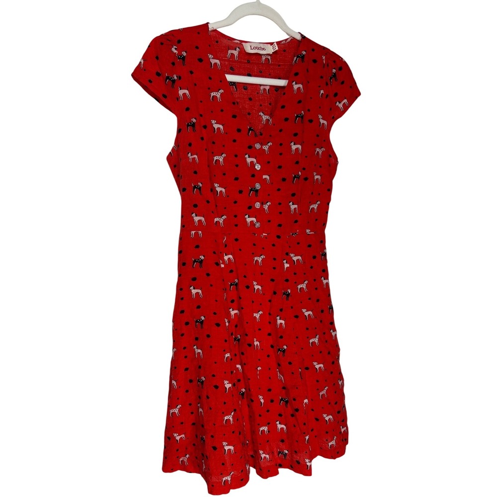 Louche London Cathleen Dog Print Red Fit Flare Dress Cap Sleeve V-Neck US 8